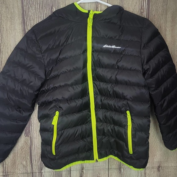 Eddie Bauer Other - Boys Eddie Bauer Reversible Puffer Coat Sz 10/12 M Black Gray Lime